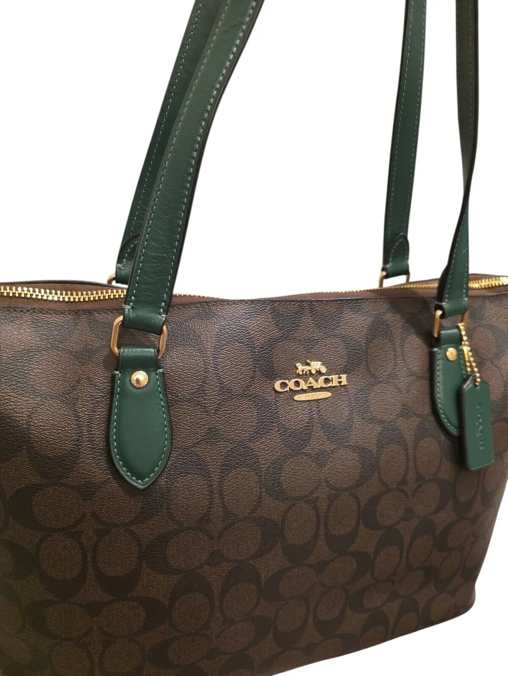 Coach CH504 Signature C Pine Green Leather Large Tote Bag Brown Gold HTF